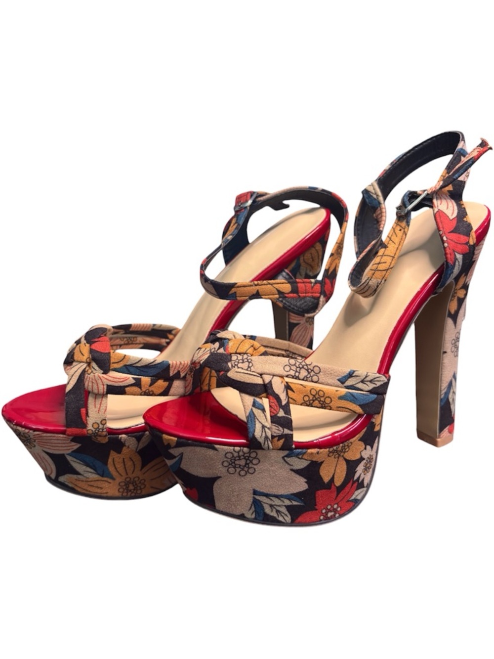 Boutique Floral Platform Ankle-Strap Heels - Red Multi Size 10/40 - Picture 2 of 9